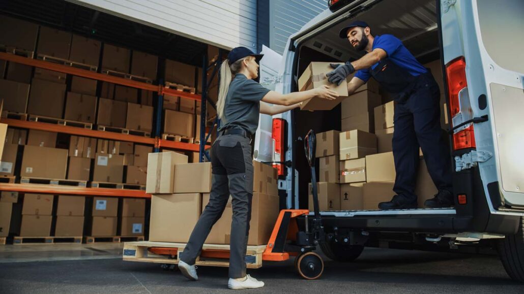 Boxes being loaded at a warehouse for delivery